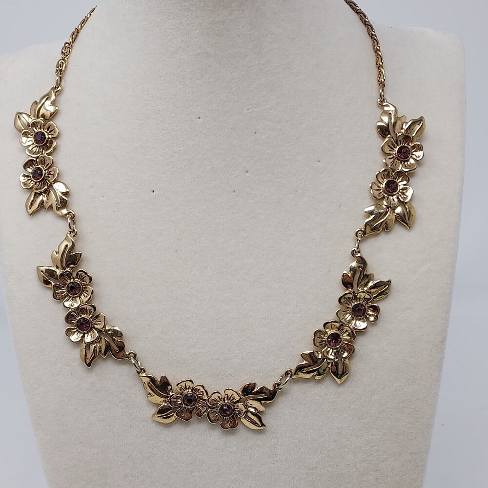 Floral Gold Tone Necklace Red Purple Rhinestones Greek Key Chain Retro 16"